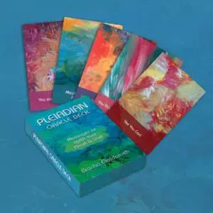 Pleiadian Oracle Card deck with several fanned out cards showing colorful paintings - Messages to Uplift Your Soul